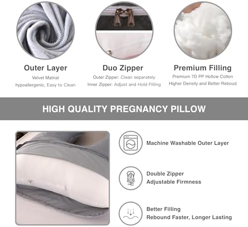 ALLOPERA Pregnancy Pillow, Full Body Maternity Pillow 57 inch, with Removable Washable Cover - Sleep Support for Legs, Back, Neck, Shoulder, HIPS, Belly for Pregnent Women, Velvet Cover(Grey)