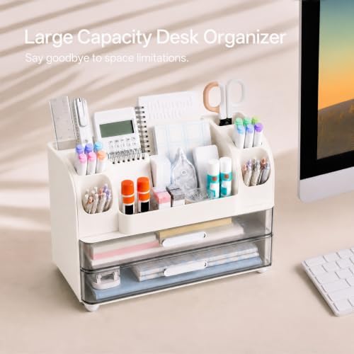 HBlife Desk Organizer with Pencil Pen Holder for Desk, Pen Organizer with 2 Drawers, Desk Organizers and Accessories with Compartments, Desktop Storage for Office, Home, School, Art Supplies, White