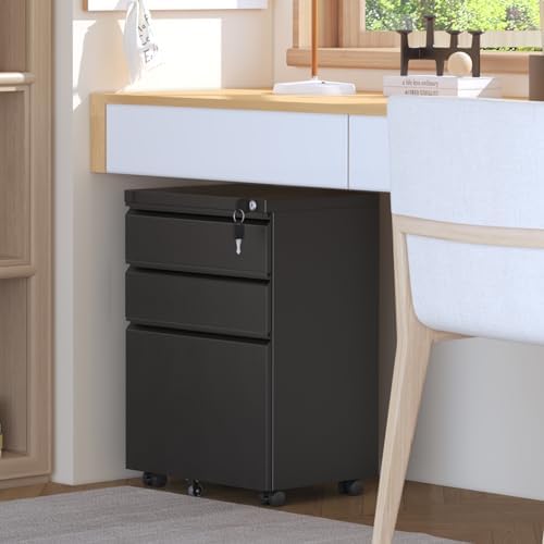 INTERGREAT 3 Drawer Mobile File Cabinet with Lock, Metal Filing Cabinets for Home Office, Rolling Under Desk Organizer for Letters/Legal/A4, (Fully Assembled-Black)