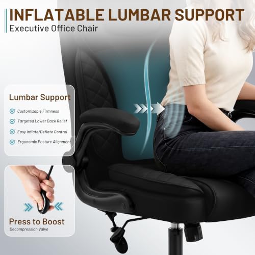 Ergonomic Office Chair, PU Leather High Back Executive Chair with Adjustable Inflatable Lumbar Support and Padded Flip-Up Arms, Recline Swivel Task Computer Chair for Home Office, Black