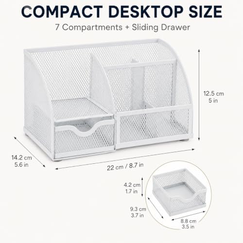 Exerz Desk Organizer 7 Compartments Metal Mesh Pen Holder Caddy White