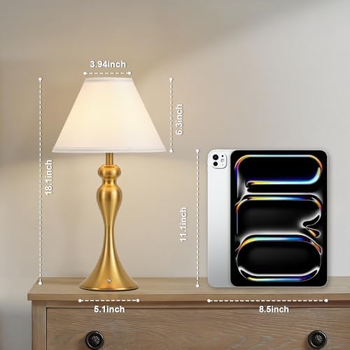 Cordless Table Lamp Rechargeable, Battery Night Light Fabric Shade, Brass