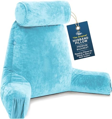 Husband Pillow Medium Reading Pillow with Arms - 23" Backrest for Sitting Up in Bed - Firm Support Bed Rest Pillow for Adults, Neck Roll, Removable Cover - TV, Reading, Lounging - Carolina Blue