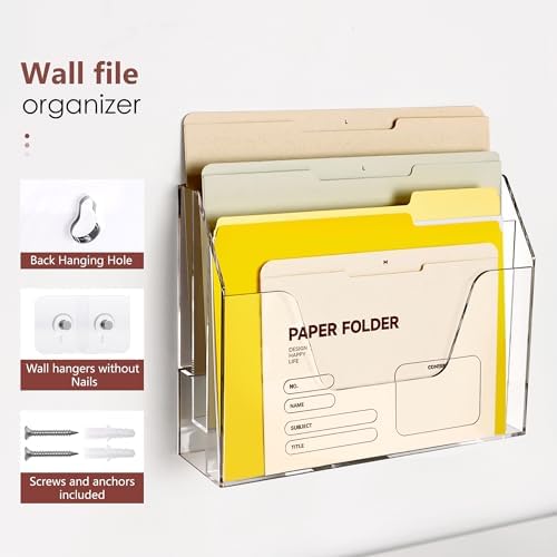 DINGHUO Acrylic Hanging Wall File Folder Organizer for Desk, Clear 3 Tier Document Paper Magazine Holder for Home, Office Organization, School - 1 Pack