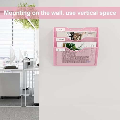 EasyPAG 3 Pocket Mesh Wall File Organizer, Hanging Paper Folder Holder with Classify Label, Vertical Wall Mount Mail Organizer for Office Home Classroom, Pink