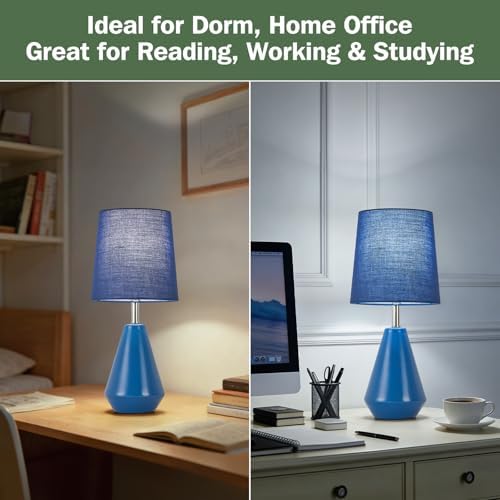 Small Bedside Table Lamp for Bedroom - Reading Desk Lamp with 3 Color Temperatures，15.5" Nightstand Ceramic Lamp with Fabric Shade for Kids Room,Living Room,Dorm,Home Office (Blue)