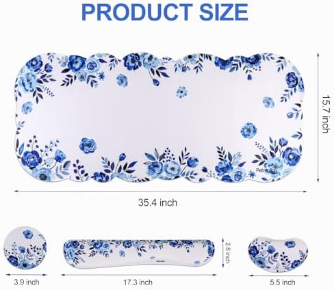 Petmolico Desk Pad Set with Wrist Rest for Keyboard & Mouse, Blue Flower