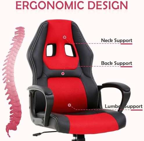 Red Massage Gaming Chair for Kids, Ergonomic Office Chair Computer Chair with Adjustable High Back & Armrest, PU Leather Gamer Chair with 360°Swivel, Heavy Duty Gaming Chairs for Adults, Teens