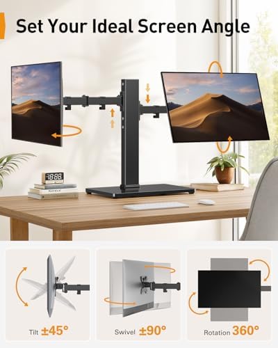 Perlegear Dual Monitor Stand with Power Strip, Freestanding Computer Monitor Stand for 2 Screens up to 32 Inch, Monitor Stand Riser with Glass Base and Adjustable Arms, Holds 22 lbs per Arm, PGTVS41B