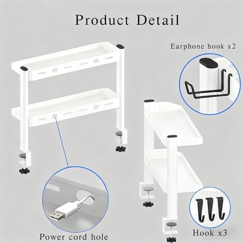 Clamp on Desk Shelf White, 2-Tier Office Desk Shelves Organizer, 17in Small Shelf for Top of Desk with Headphone Holder, Hooks, Desktop Storage Rack for Home Workspace, Study Rooms, Gaming Accessories