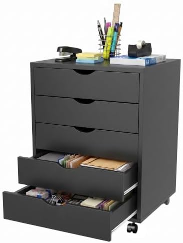 5 Drawer Chest, Under Desk Storage Mobile File Cabinet with Wheels, 5 Office Drawer for Home & Office Printer Stand, Black