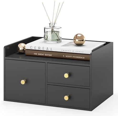 Bamboo Desk Organizer with Drawers,Wooden Desktop Storage (Black,3 Drawers)