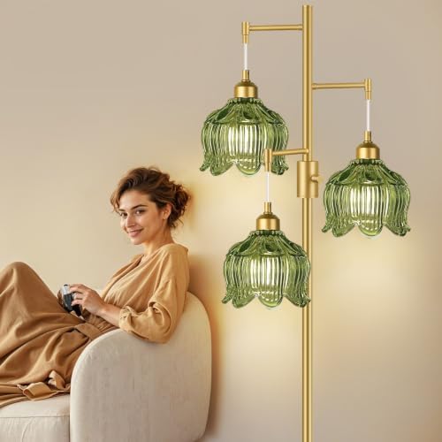 Vintage Floor Lamps for Living Room 3 Light Glass Floor Lamp with 3 Color Temperatures, Dimmable Green Floor Lamp Gold Mid Century Modern Standing Lamp Tall Tree Flower Floor Lamp for Bedroom Corner