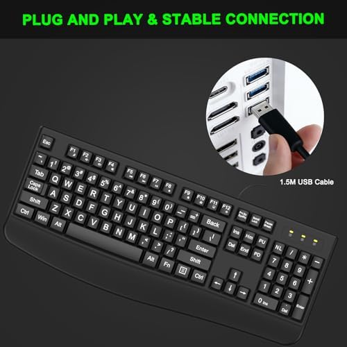 QUASIO Large Print Keyboard, 2.4G Full-Sized Ergonomic WiredComputer Keyboard with Wrist Rest for Windows, Mac OS Laptop/PC/Desktop/Notebook(Large Print Black)