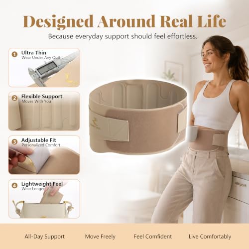 RANDY SUN Slim Fit Back Brace with EVA Comfort Pad, Breathable Lightweight Lumbar Support for Women & Men, Invisible Waist Support Belt for Work & Daily Use Light Taupe M/L(Waist:28"-32")