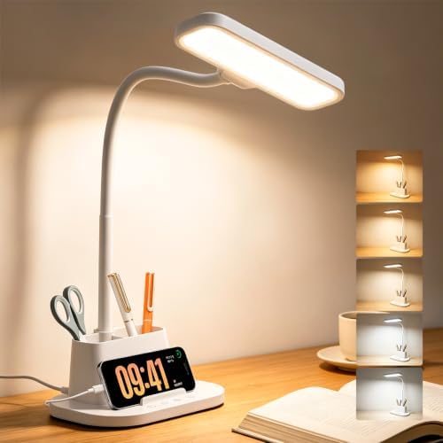 LED Desk Lamp for Dorm Small Desk Lamp with Pen Holder 5 Color Modes White