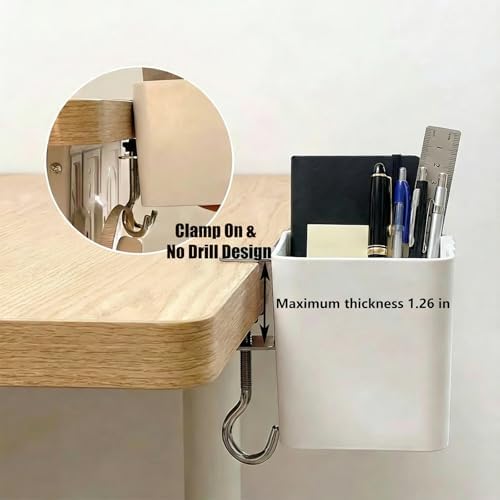 Desk Side Storage, Side Desk Organizer, No Drill Hanging Desk Organizer with 4 Large Pockets, Table Hanging Storage for Office & Home, Fits Flat Table Edge 1.26" (White)