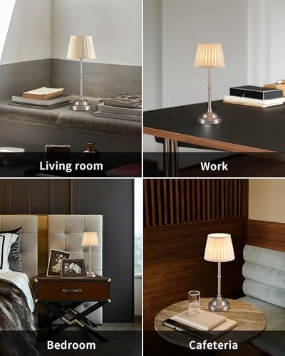 KDG Nickel Cordless LED Table Lamps Set of 2, Beige Fabric Shade Desk Lamps