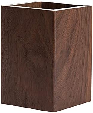 Black Walnut Wooden Pencil Box, Multiple-Use Desk Writing Stationary Organizer Wood Pen Holder Cups Office School Supplies Storage (Square Shape)