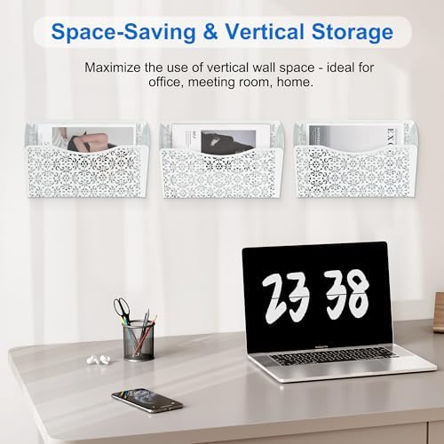 EasyPAG 3 Pack Hollow Design Wall-Mounted File Organizer - Heavy Duty Metal, Vertical Space Saving, Letter Size Single Pocket Holder for Office, Home, School, White