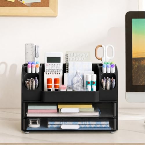 HBlife Desk Organizer with Pencil Pen Holder for Desk, Pen Organizer with 2 Drawers, Desk Organizers and Accessories with Compartments, Desktop Storage for Office, Home, School, Art Supplies, Black