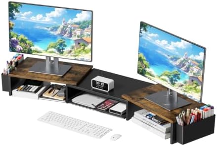 AUPSEN Dual Monitor Stand Riser with 2 Pen Holders, Desk Organizer, Brown