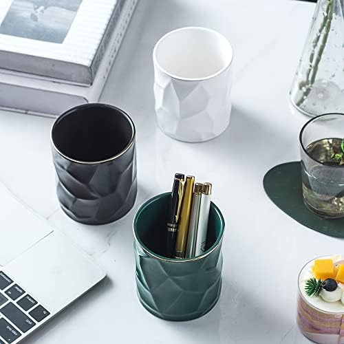 Ceramic Irregular Round Pen Holder For Desk Cute Stand Gold Line Aesthetic Pencil Cup Pot Desk Organizer for Men Women Makeup Brush Holder (Black)