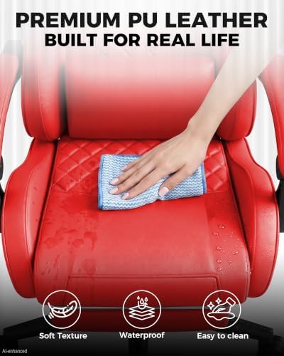 LUCKRACER Gaming Chair with Pocket Spring Cushion and Footrest, PU Leather 90°-155° Reclining Computer Chair, 4.5" Height Adjustment, Ergonomic Office Chair with Lumbar Support, Red