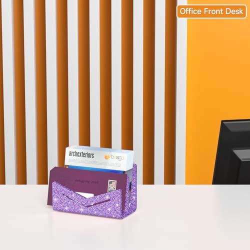 Beego Envelope and Mail Organizer Countertop - 2 Compartments Glitter Purple Acrylic Desk Organizer Letter Holder Desktop File Sorter Bill Document Folder Rack for Office, Home, School