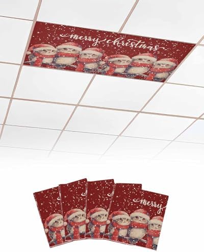 Red Christmas Magnetic Fluorescent Light Covers for Ceiling Lights 2 x 4 Feet,Vintage Owl White Snowflakes Watercolor Office Classroom Kitchen Drop Ceiling Light Covers Filters Shade Panel 4 Packs