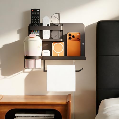 Bcareself Bedside Wall Organizer, Floating Bedside Shelf Wall Mount, Dorm Room Essentials, Remote Control Holder, Dorm Decor Organization and Storage Cool Teen Girls Trendy Stuff (Black)