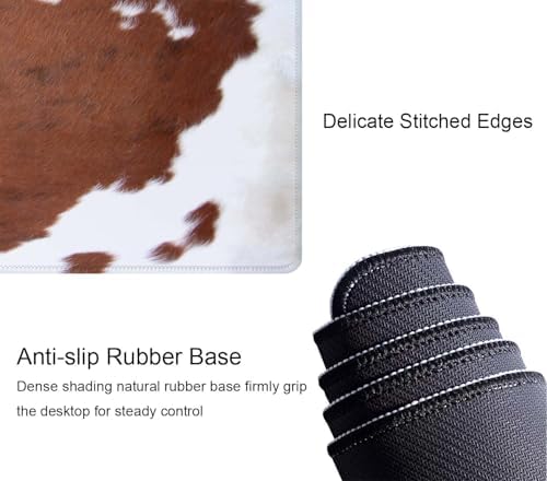 Brown Cowhide Print Gaming Mouse Pad, Extended Large Mouse Mat Desk Pad, Big Computer Keyboard Desk Pad, Stitched Edges Mousepad, 3mm Thick Long Non-Slip Rubber Base Mice Pad, 31.5 X 11.8 Inch