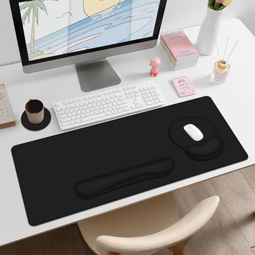 Mouse Pad Desk Pad Protector, Keyboard Wrist Rest + Mousepad Wrist Rest +Coaster, Large Gaming Mouse Pad for Computer Keyboard Desks Laptop, XXL Desk Mat Writing Pad for Office and Home, Cool Black