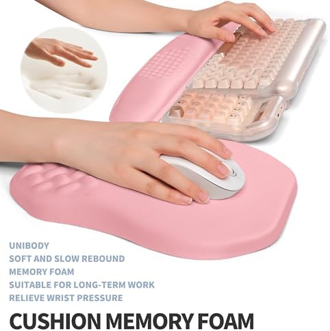 2-in-1 Ergonomic Set, Wave Keyboard Wrist Rest and Massage Slope Mouse Pad Wrist Support, Rebound Memory Foam for Relieve Carpal Tunnel Syndrome and Wrist Pain (Pink)