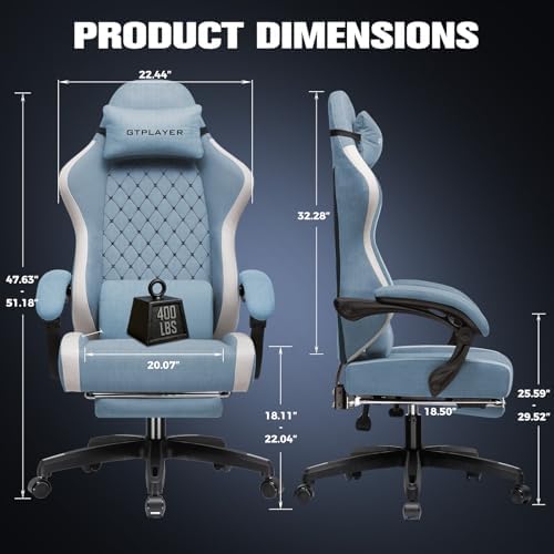 GTPLAYER Gaming Chair, Ergonomic Computer Chair with Footrest and Lumbar Support, High Back Recliner Chair 350lbs, Height Adjustable for Home Office, Light Blue