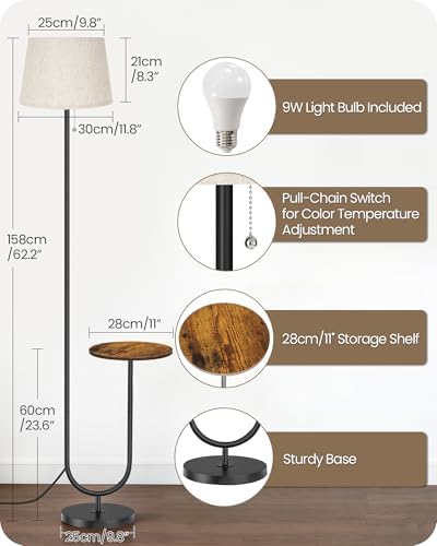 Floor Lamp with Side Table, Standing Lamp for Living Room with Tray, Pull-Chain Switch, for Living Room, Bedroom, 3 Color Temperatures, 9W LED Bulb Included, Rustic Brown and Beige FE21LD05