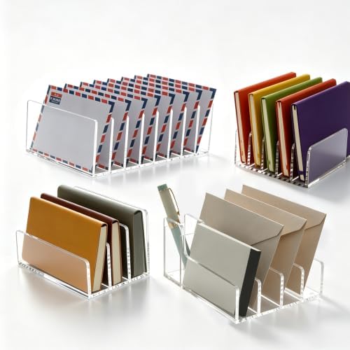 Acrylic Mail Organizer for Desk, 5 Compartments Letter Sorter with Pen Holder, Clear Desktop File Folder & Notebook Holder, Cute Office Supplies Organizer for Home Office School