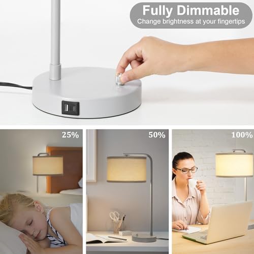 25" Tall Table Lamp with USB C+A Ports, Fully Dimmable Nightstand Lamp