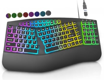 Wired Ergonomic Split Keyboard with RGB Backlight & Numpad, Black