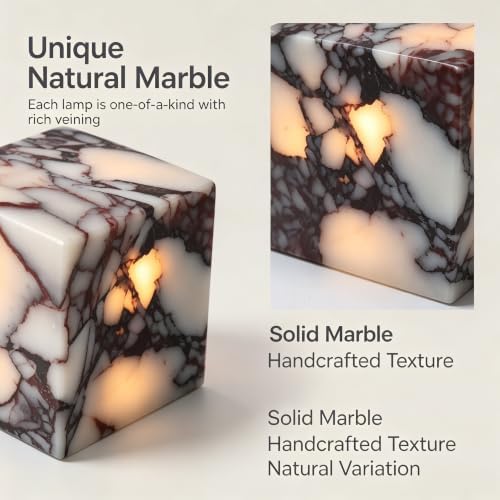 Natural Marble Lamp Cordless Pat Control Night Light Rechargeable Small Marble Table Lamp, Dimming Warm Glow Portable Stone Touch Lamp for Bedroom, Living Room, Decor Gift (Cube-Calacatta Purple)