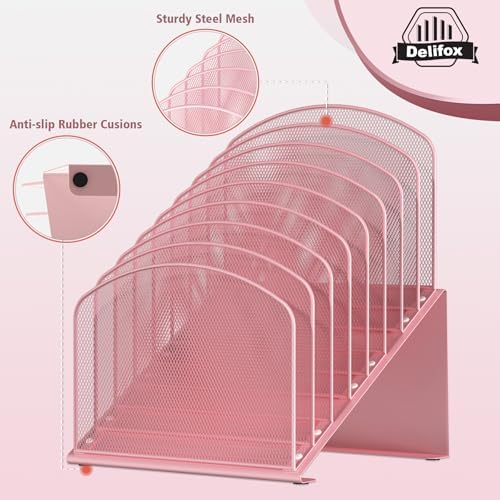 Inclined Desk File Organizer, 8-Section Upright Desk Organizer Standing File Sorter for Office Classroom Desktop Organization (Pink, 8)