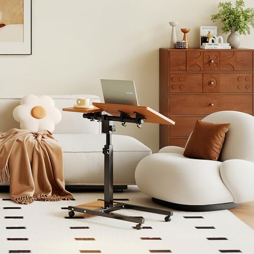 Furist Mobile Adjustable Height Laptop Stand PC Computer Portable Notebook Swivel Laptop Desk Rolling Table Desk Cart Tiltable with Wheels Casters& Mouse Pad Table，Natural