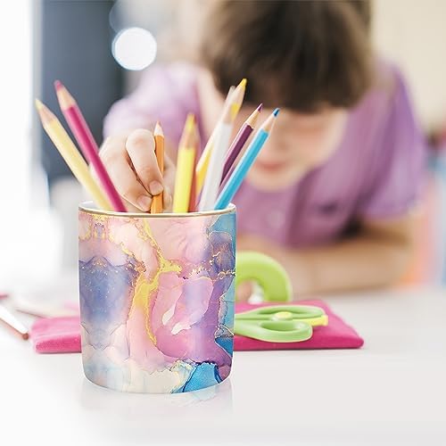 Cute Desk Pens Holder, Pencil Cup Holder for Desk, Ceramic Desktop Storage Pen Pencil Organizers Stationery Supplies for Office, Home, Gold Pattern