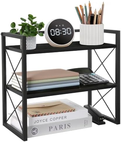 YINMIT Desktop Shelf Organizer, 2 Tier Office Shelves, Wood Desk Organizer Storage Rack and Freestanding Display Shelf for Office, Dormitory, Home(Black)