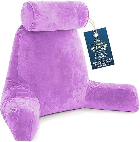 Husband Pillow XXL The Original for Adults - 30" Tall Backrest for Sitting Up in Bed - Firm Support Reading, Bed Rest Pillow for Adults, Neck Roll, Removable Cover - TV - Light Purple