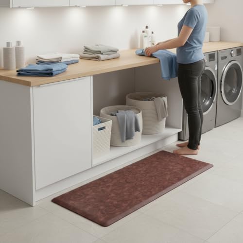 J&V TEXTILES Medallion Embossed Kitchen Mat Cushioned Anti Fatigue Floor Mat, Thick Non Slip Waterproof Kitchen Rugs and Mats,Heavy Duty Foam Standing Mat for Kitchen (Burgundy, 17" X 28")