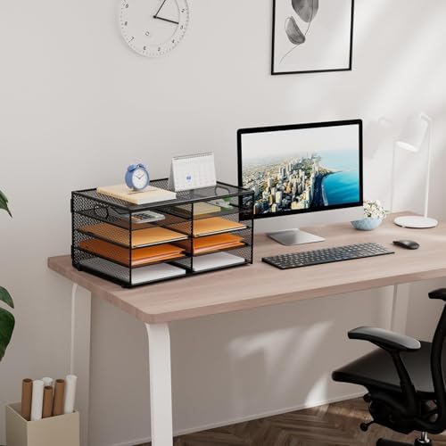 Marbrasse 5 Tier Desktop Literature Organizer, Mesh Paper Organizer Desk Organizers, File Sorter Mail Center Paper Storage Cabinet Classroom Keepers Mailbox for Office Home School, Black