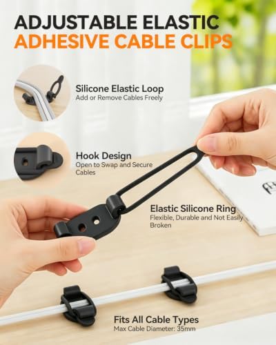 15 Pack Adjustable Elastic Adhesive Cable Clips, Cable Management Holder