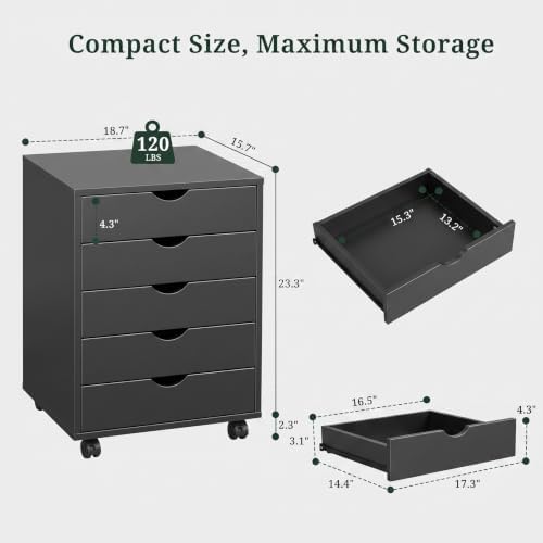 5 Drawer Mobile File Cabinet, Vertical Rolling Filing Cabinet