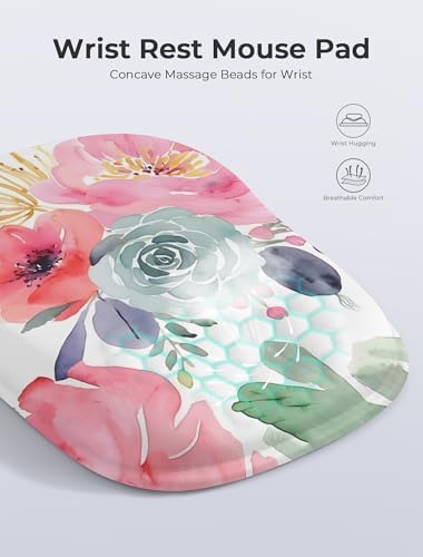 Watercolor Floral Ergonomic Mouse Pad for Carpal Tunnel Pain Relief, 65% Usable Mouse Area, Memory Foam Concave Wrist Rest for Office, PC, Gaming
